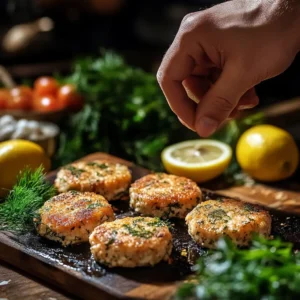 Freshly shaped salmon patties surrounded by dill, parsley, lemon, and breadcrumbs.Title: Shaping Fresh Salmon Patties