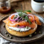 A smoked salmon and cream cheese bagel topped with capers, red onions, and dill, styled on a rustic wooden table with coffee.