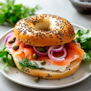 An assembled smoked salmon and cream cheese bagel sandwich with toppings, sliced in half and served on a white plate with greens.