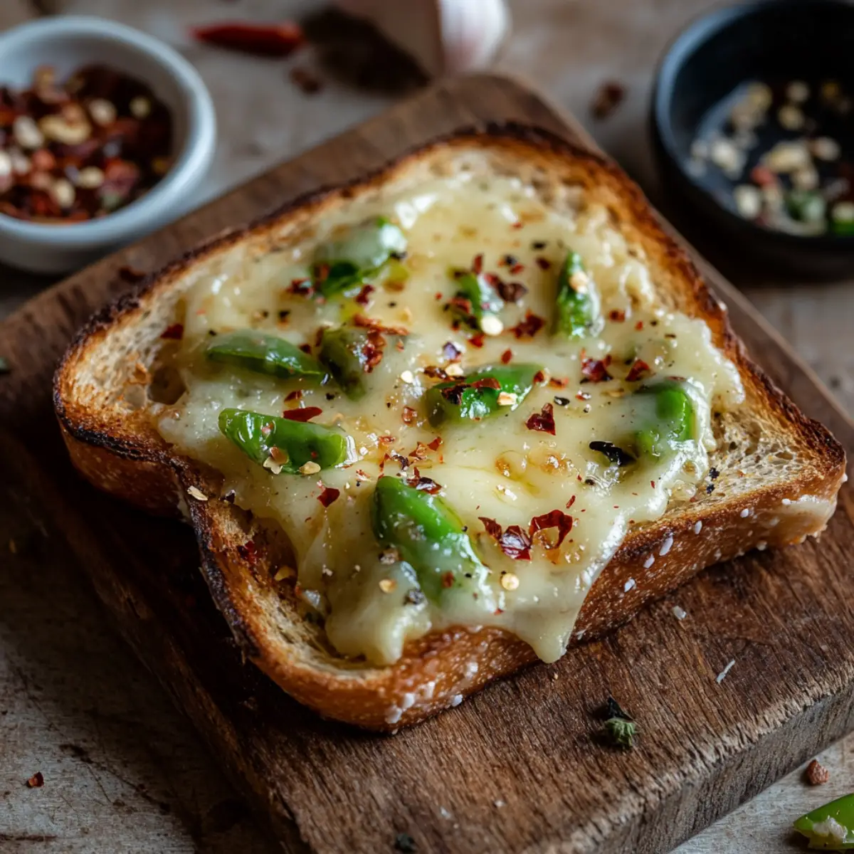 A slice of chilli garlic cheese toast with melted cheese, green chillies, garlic, and red chilli flakes on a rustic wooden board.