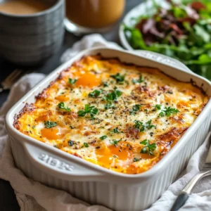 A baked Sweet Potato Egg Casserole in a ceramic dish, topped with melted cheese and fresh herbs.