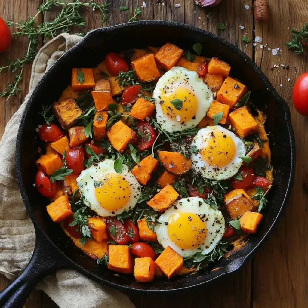 A rustic cast-iron skillet filled with sweet potato cubes, eggs, and fresh vegetables, garnished with herbs on a wooden table.