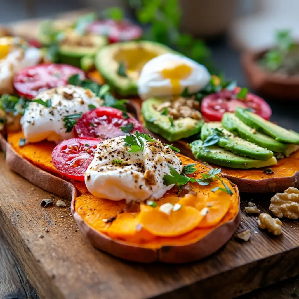 Sweet potato toast topped with avocado, fruits, nuts, poached eggs, and herbs on a rustic wooden board in a cozy kitchen setting.