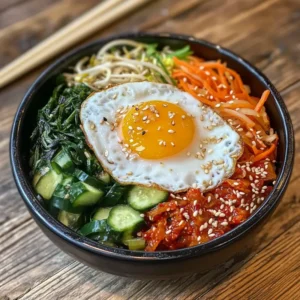 Colorful Bibimbap bowl with vegetables, sunny-side-up egg, and gochujang sauce on a wooden table.