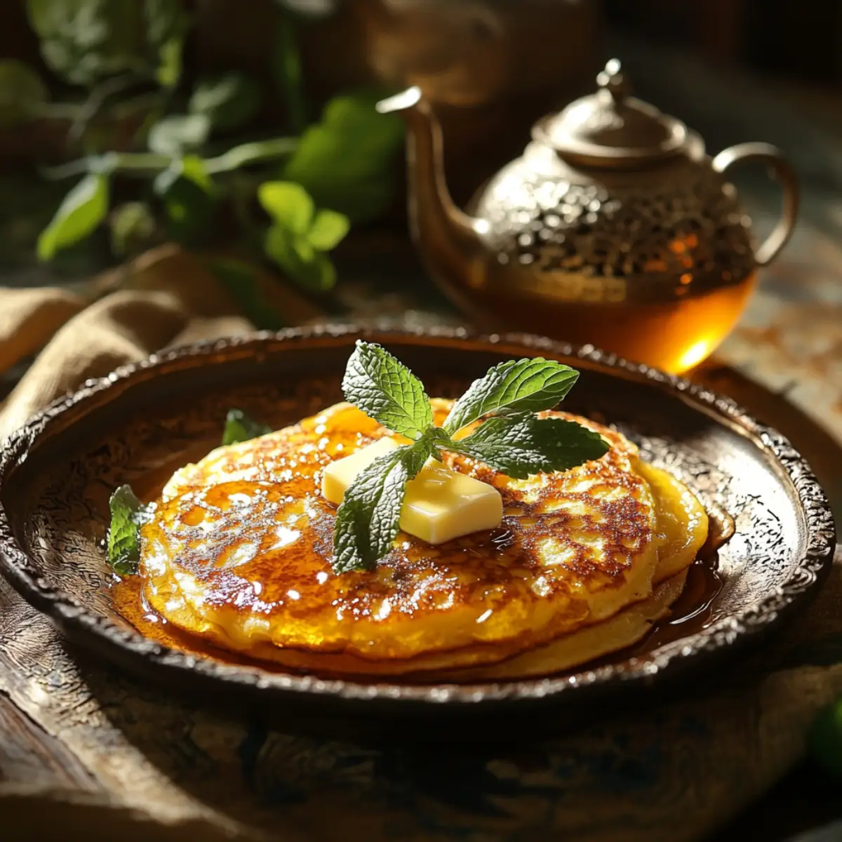 Moroccan pancakes (Baghrir) drizzled with honey and butter, garnished with mint leaves, served on a rustic wooden table with mint tea.