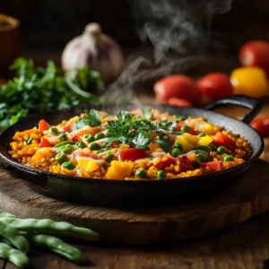 Rustic table with a steaming traditional vegetable paella surrounded by fresh vegetables like bell peppers, green beans, and parsley.