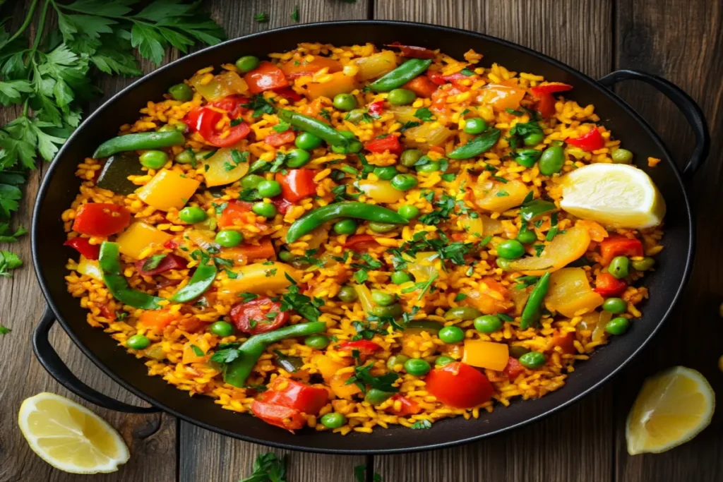 A colorful vegetable paella in a traditional pan, featuring bell peppers, green beans, and tomatoes, garnished with parsley and lemon wedges.