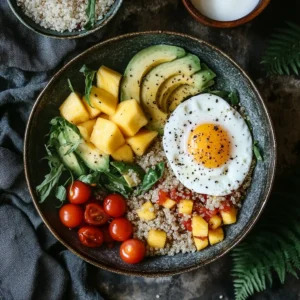 Tropical quinoa bowl with mango and pineapple alongside a savory quinoa bowl with avocado and poached egg.