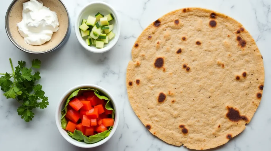 Ingredients for a tuna salad wrap, including tuna, Greek yogurt, diced vegetables, and a whole-grain tortilla, arranged on a countertop.