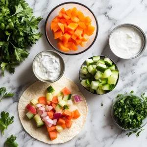 Ingredients for a tuna salad wrap, including tuna, Greek yogurt, diced vegetables, and a whole-grain tortilla, arranged on a countertop.