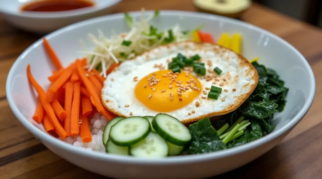 Bibimbap recipe bowl with colorful vegetables, sunny-side-up egg, and gochujang sauce on a rustic wooden table.