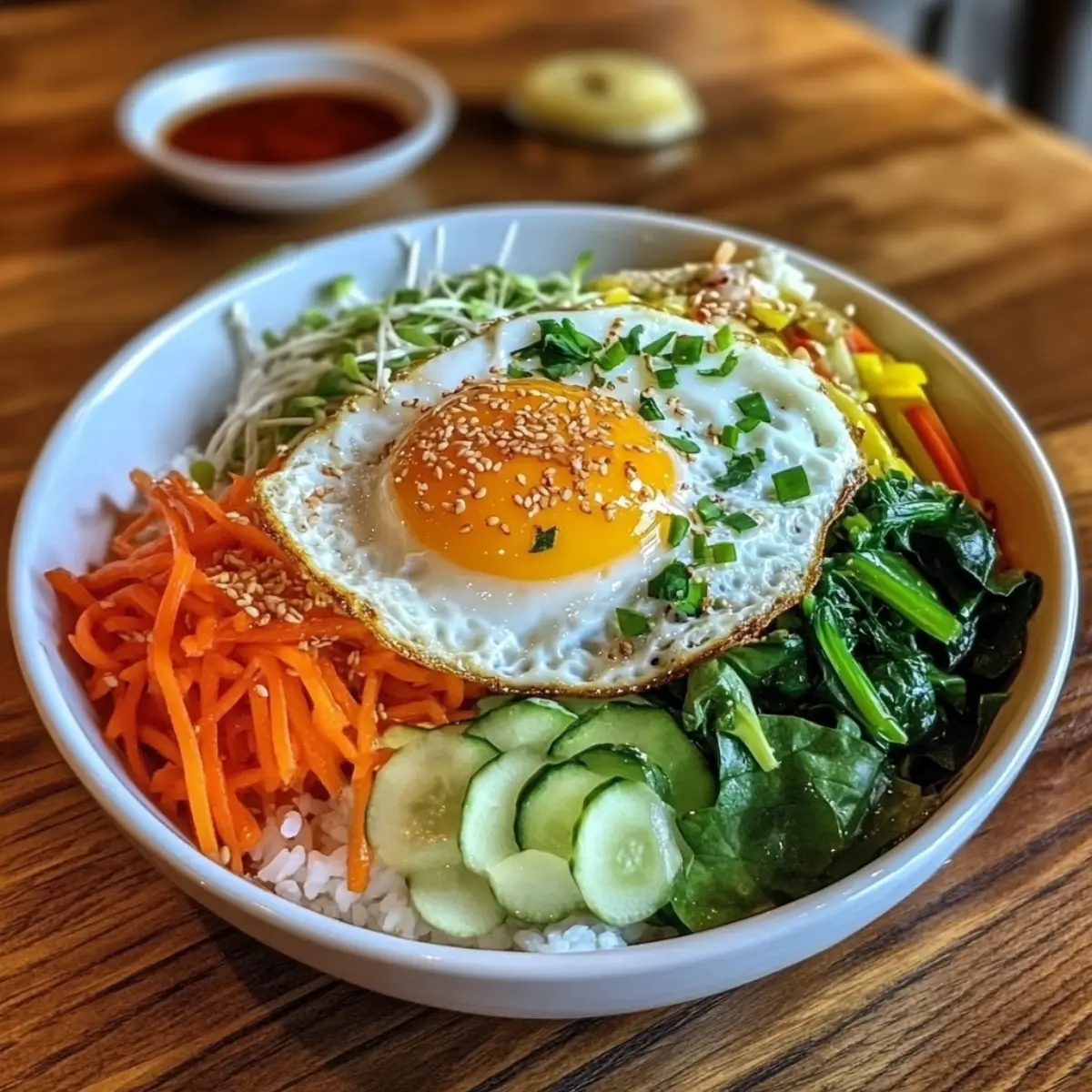 Bibimbap bowl with colorful vegetables, sunny-side-up egg, and gochujang sauce on a rustic wooden table.