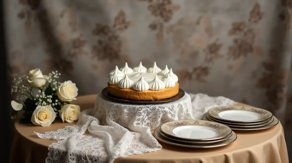 A pavlova dessert on a vintage table with antique plates and a sepia-toned backdrop, evoking its historical origins.
What Is a Pavlova Made Of