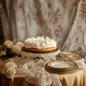 A pavlova dessert on a vintage table with antique plates and a sepia-toned backdrop, evoking its historical origins.