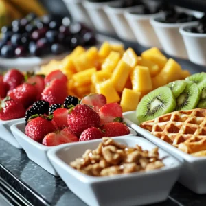 A waffle bar with fresh fruits, honey, and nuts as toppings.